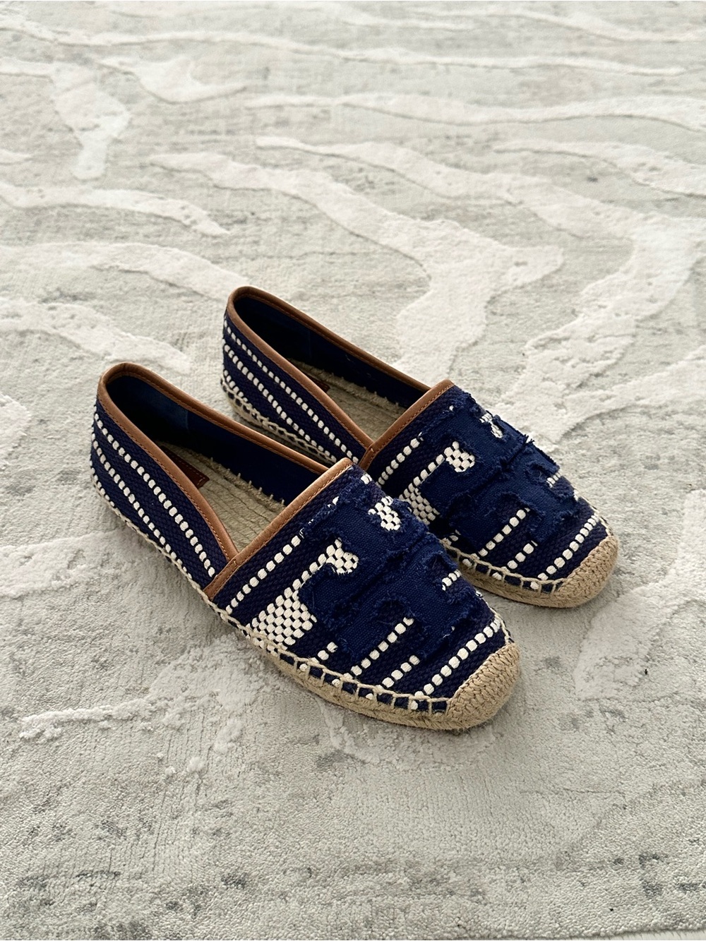 Tory Burch Navy Crochet Espadrille Slip-Ons with Leather & Natural Trim